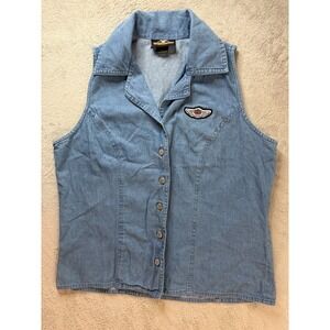Vintage Harley Davidson Womens Denim 100 Year Anniversary Top Vest Size L Biker